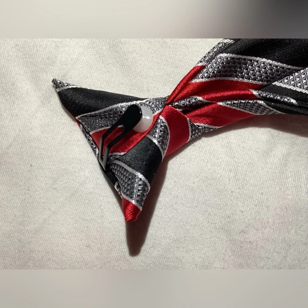 Boys Red Black & Gray Striped clip-on tie, EUC